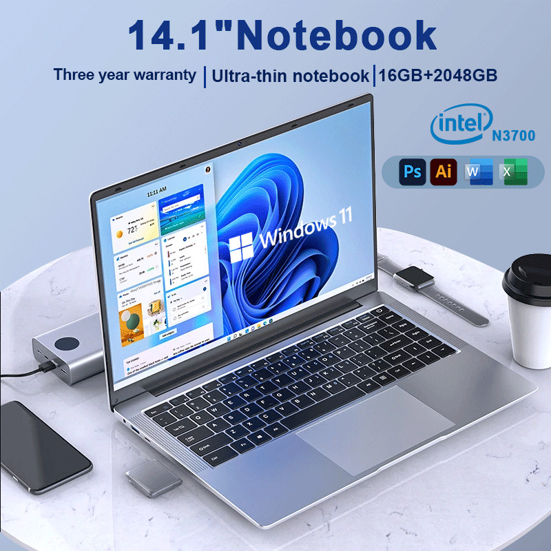 New 2024 Laptop Computer Windows 11 Pro Ultra Slim Notebook 14.1 Inch Intel Pentium N3700 16GB 1024G