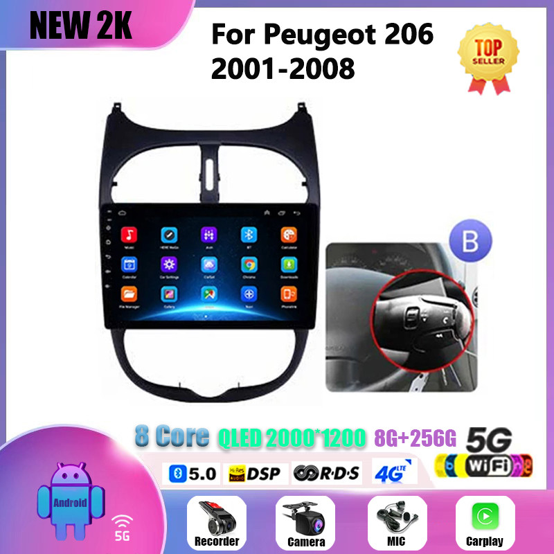 for Peugeot 206 206CC 206SW 2001-2008 Din Car Radio Multimedia Player Carplay and Android Auto