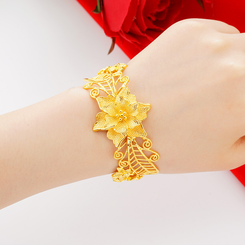 Plated Color 24K Real Gold 18K Flower Bracelet Gold-Plated Hollow Flower Bracelet Gold Bangle