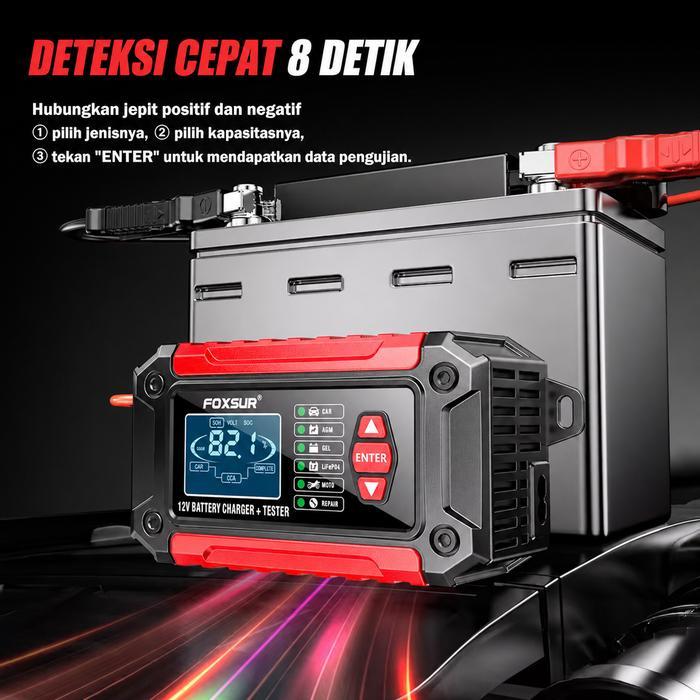 Foxsur 2In1 Smart Car Accu Charger 6A 4Ah-200Ah Untuk Charger Dan Tester Accu Mobil Dan Motor Lead