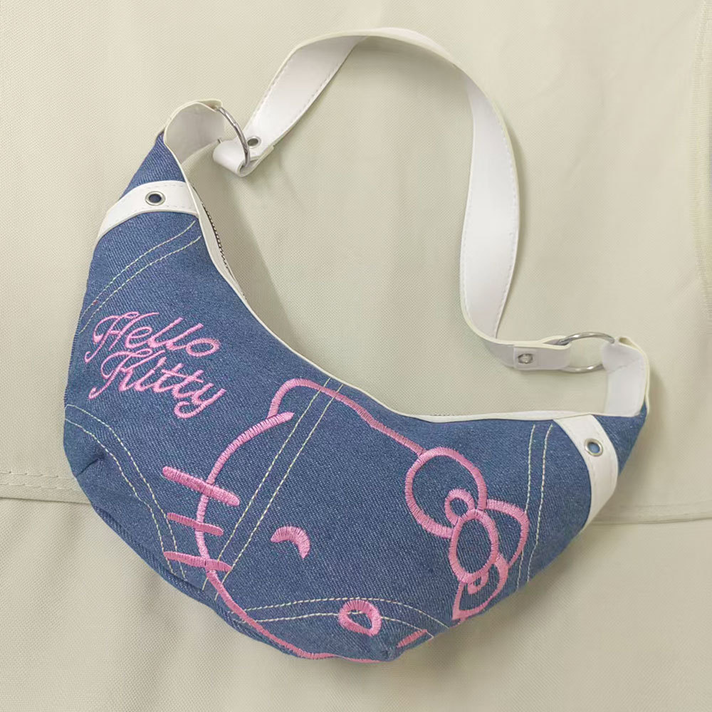 Sanrio Hello Kitty Denim Patchwork Underarm Bag Crossbody Bag Women's Cow Horn Bag Lady Denim Bag
