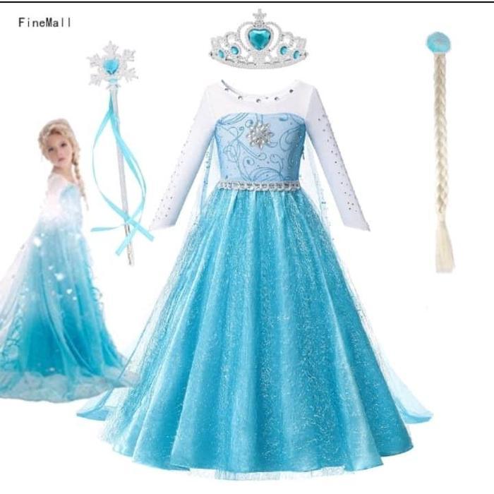 PAKET lengkap 1 set Dres Frozen elsa - gaun anak frozen + aksesoris - baju pesta frozen - baju elsa
