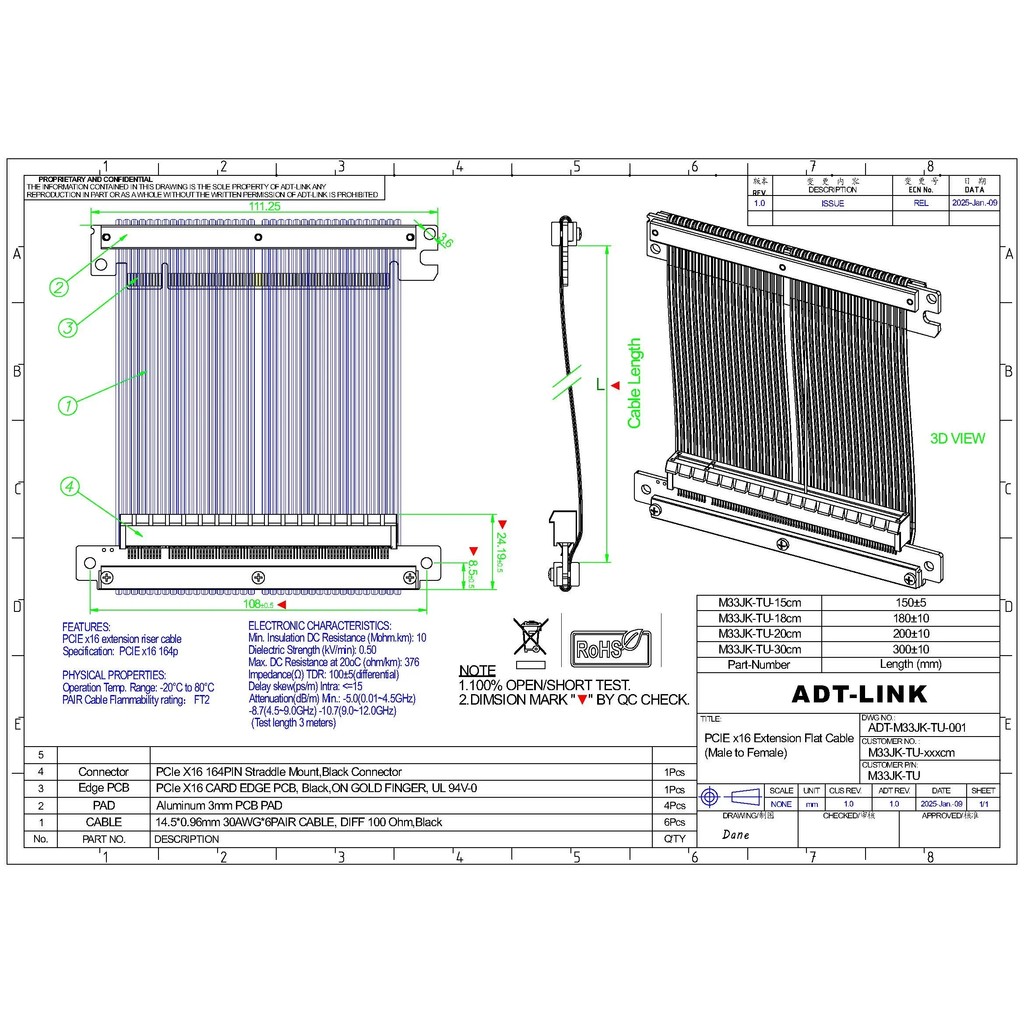 Adt-Link 2025 New Pcie 4.0 X16 Riser Cable Reverse Side Angle Graphics Video Card High Speed