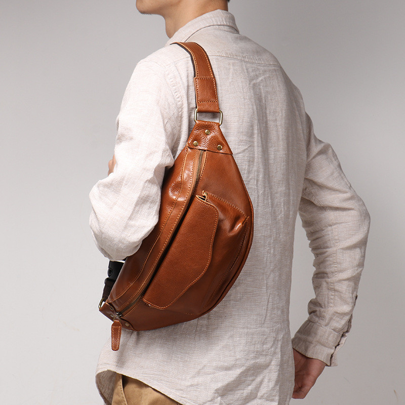 LUOKIR Retro Leather Men's Chest Bag, Vegetable Tanned Leather Casual Crossbody Bag, Cowhide