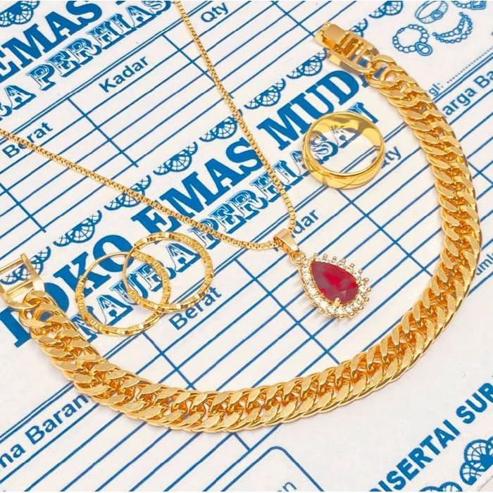 SET PERHIASAN WANITA KALUNG ITALI LIONTIN PERMATA MERAH PERHIASAN WANITA PREMIUM EMAS MUDA