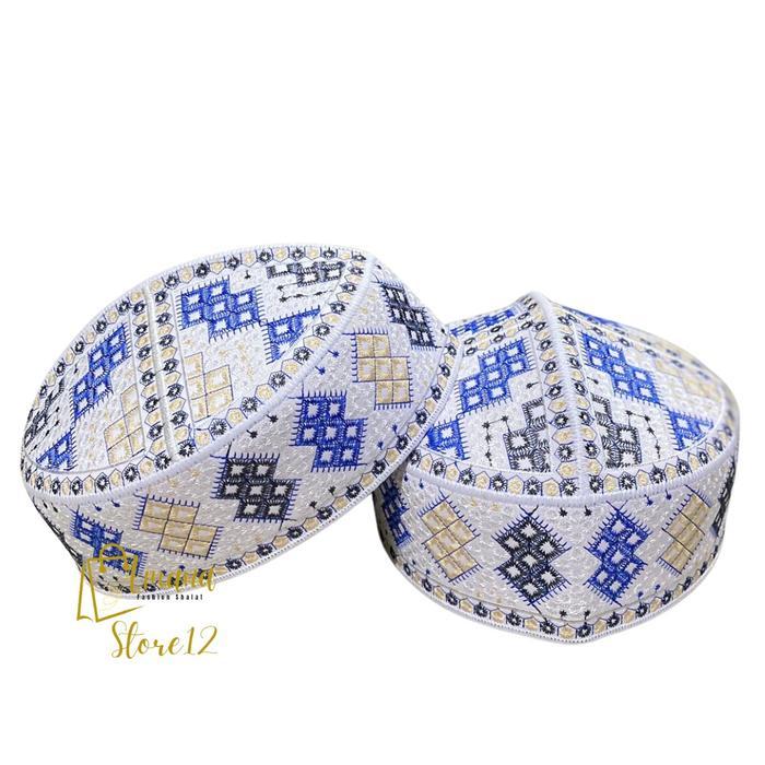 Peci Kopyah Pakistan Full Bordir Motif Panah / Peci Kopiah Pria Pakistan Muslim Songkok Dewasa Putih