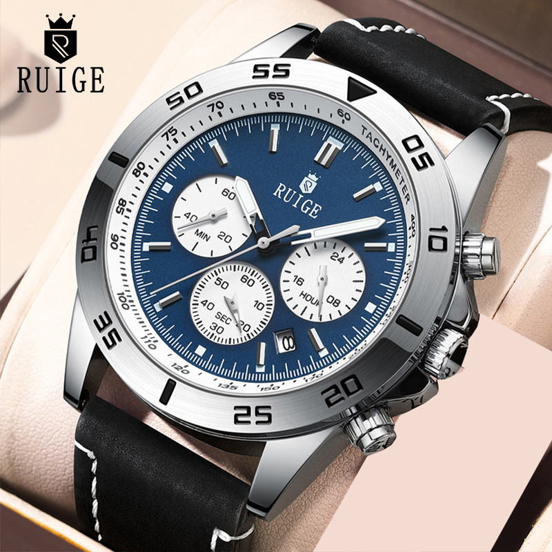 RUIGE Men's Watch Fashionable Men's Multi functional Watch Waterproof Glow Leather Strap Wrist Watch