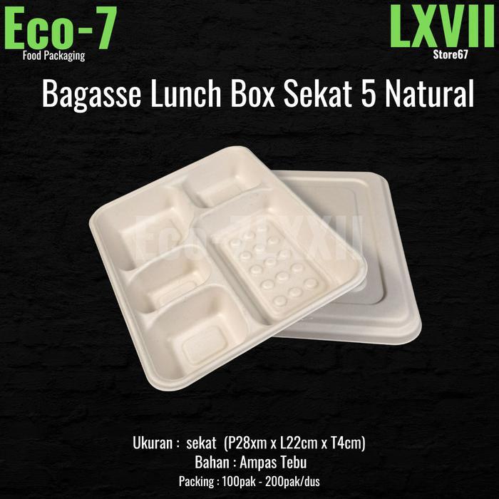 Bagasse Bento Box Sekat 5 Natural Kotak Bento, Bagasse Lunch Box