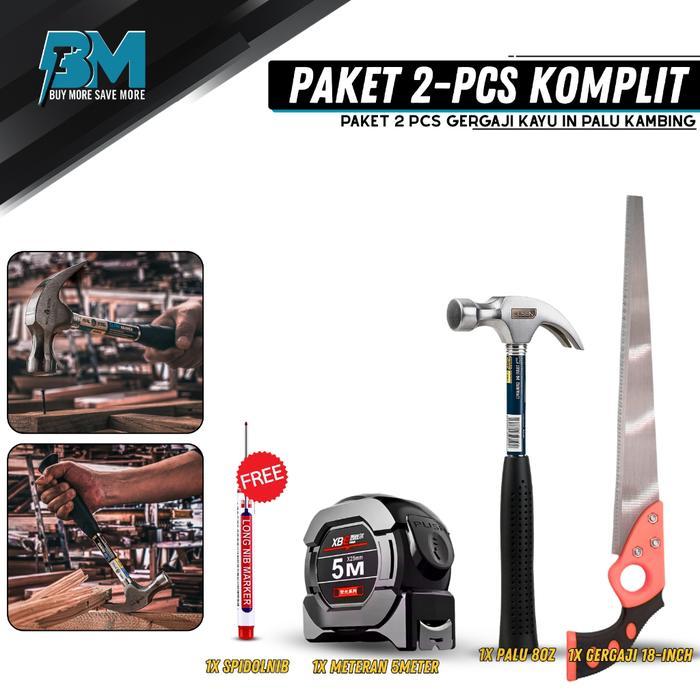 Paket Gergaji Tukang Lengkap Super Hemat: Gergaji Lancip 12Inc, Meteran Karet 3 Meter & Palu Gg Besi