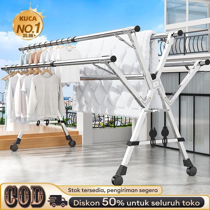 Premium Jemuran Baju Lipat 5 Tiang Dengan Roda Jemuran Baju Lipat Stainless Steel Jemuran Pakaian