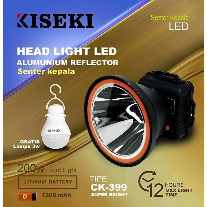 Senter Kepala 200Watt Kiseki CK-399 Gratis Bohlam LED Headlamp Diving Flashlight Cahaya Putih Super