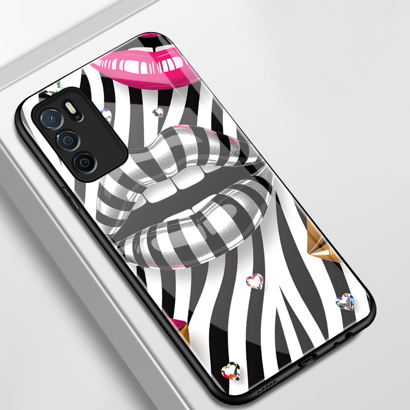 Casing Hp Untuk OPPO A16 A16s A54s Case Casing pola Jalur Zebra dan Hati Kasing HP Kesing keras kaca