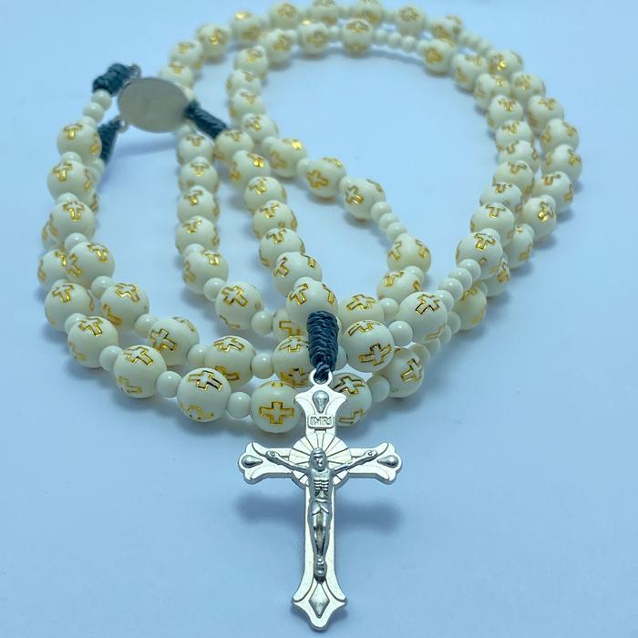Kalung Rosario 77 Bapa Kami Manik Corak Emas Putih 8mm