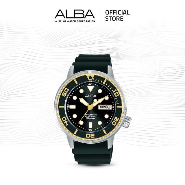 Alba Mechanical Jam Tangan Pria AL4250 / AL4250X1 Automatic Black Gold Dial Rubber Strap Watch