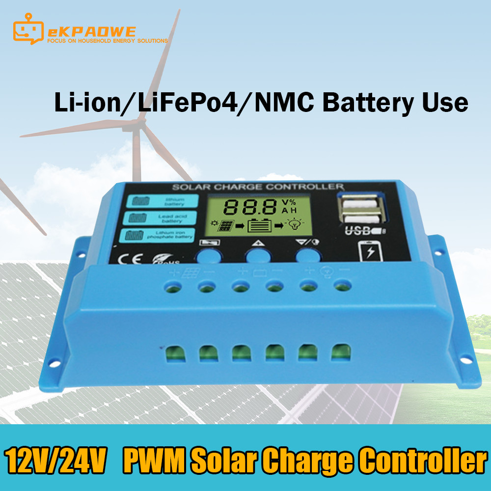30A Solar Charge Controller Li ion Lifepo4 Battery 12V/24V Adjustable LCD Display Solar Panel