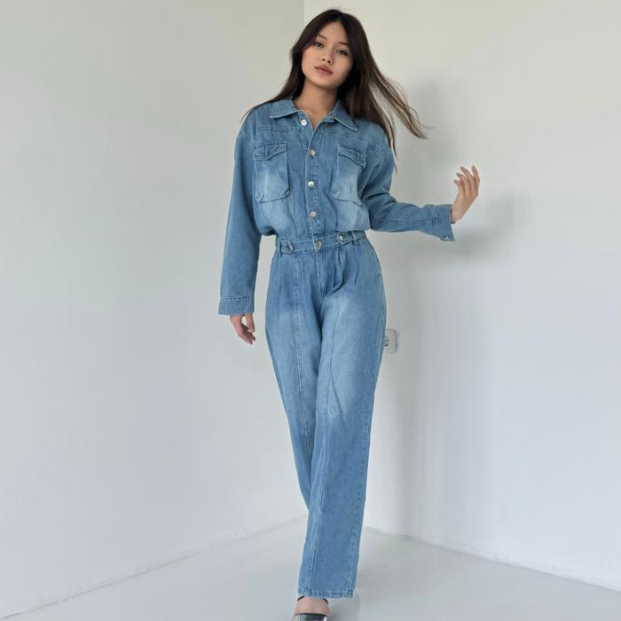 Ladouce - Angel Denim Jumpsuit Jumpsuit Jeans Wanita Jumpsuit Panjang Denim Tbk