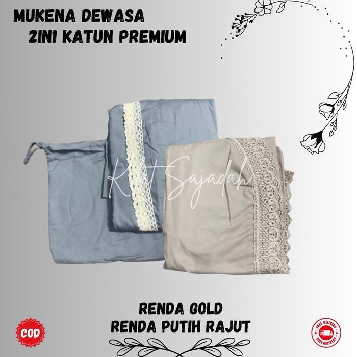 Mukena Dewasa Katun Premium 2In1 Renda Gold Dan Putih Bahan Halus Lembut Dan Jatuh