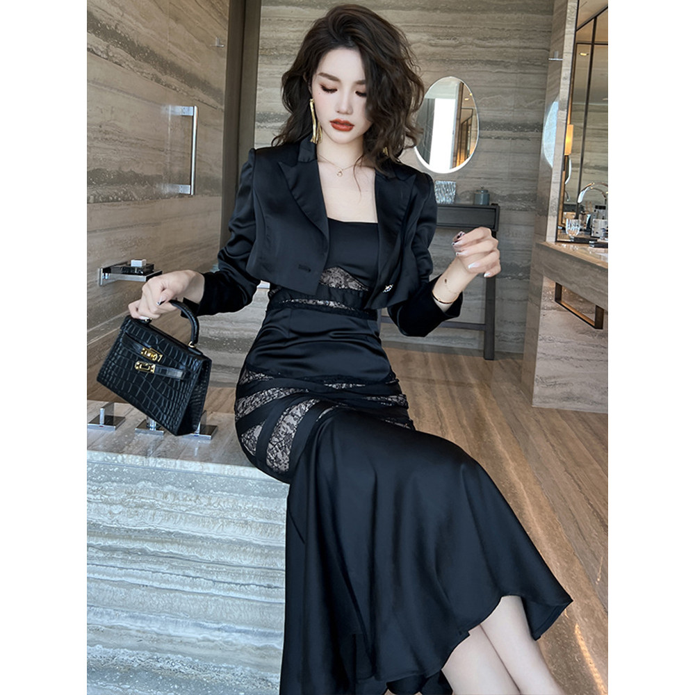 Fashion Elegant 2 Pieces Set for Women Lace Splice Black Short Jackets Coat Strap Fishtail Vestidos