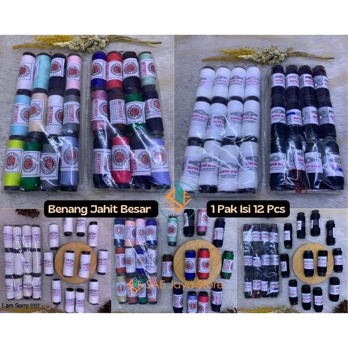 (12 PCS) BENANG JAHIT BESAR PAK ISI 12 PCS WARNA PUTIH HITAM CAMPUR WARNA / BENANG JAHIT HITAM /