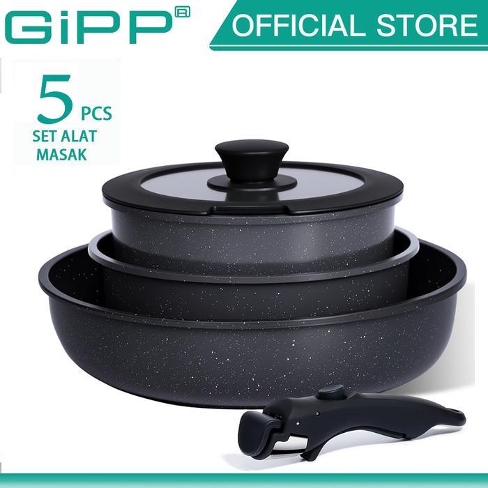 GiPP Peralatan Masak Set 5 PCS Dengan Gagang Lepas Pasang Memudahkan Penyimpanan Lapisan Keramik