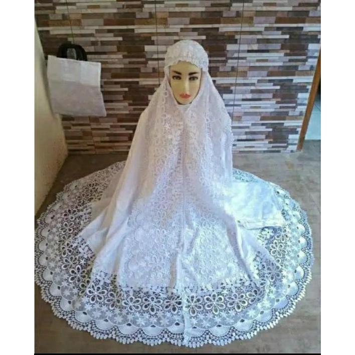 Mukena Sutra Prada Premium Bordir-Putih Renda Seroja