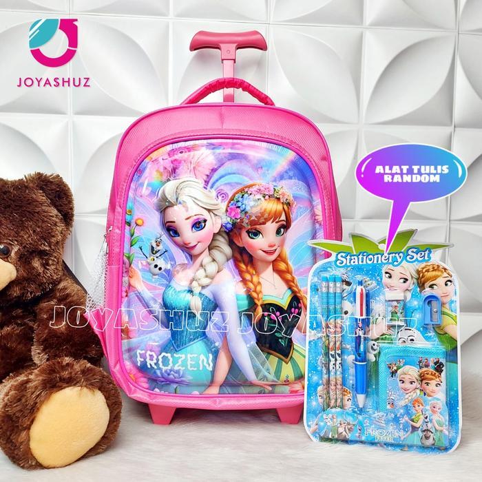 Tas Troli Anak Perempuan TK SD Karakter Frojen 3D - Tas Sekolah Motif Elsa - Tas Dorong Anak TK -