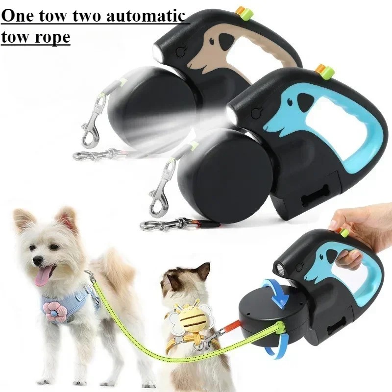 3m Rotating Nylon Pet Leash for 2 Dogs Adjustable Double Rope Leashes with Flashlight Poop Bag Box