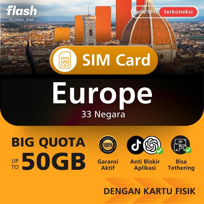 Flash SIM Card Eropa 33 Negara 3GB-50GB Big Data (Simcard Europe, Simcard Spain, Simcard UK, Simcard