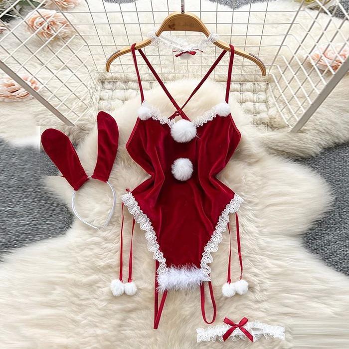 Cosplay Gadis Kelinci Beludru Trim Renda Dekorasi Pom-Pom Yang Lucu Lingerie Jumpsuit Desain