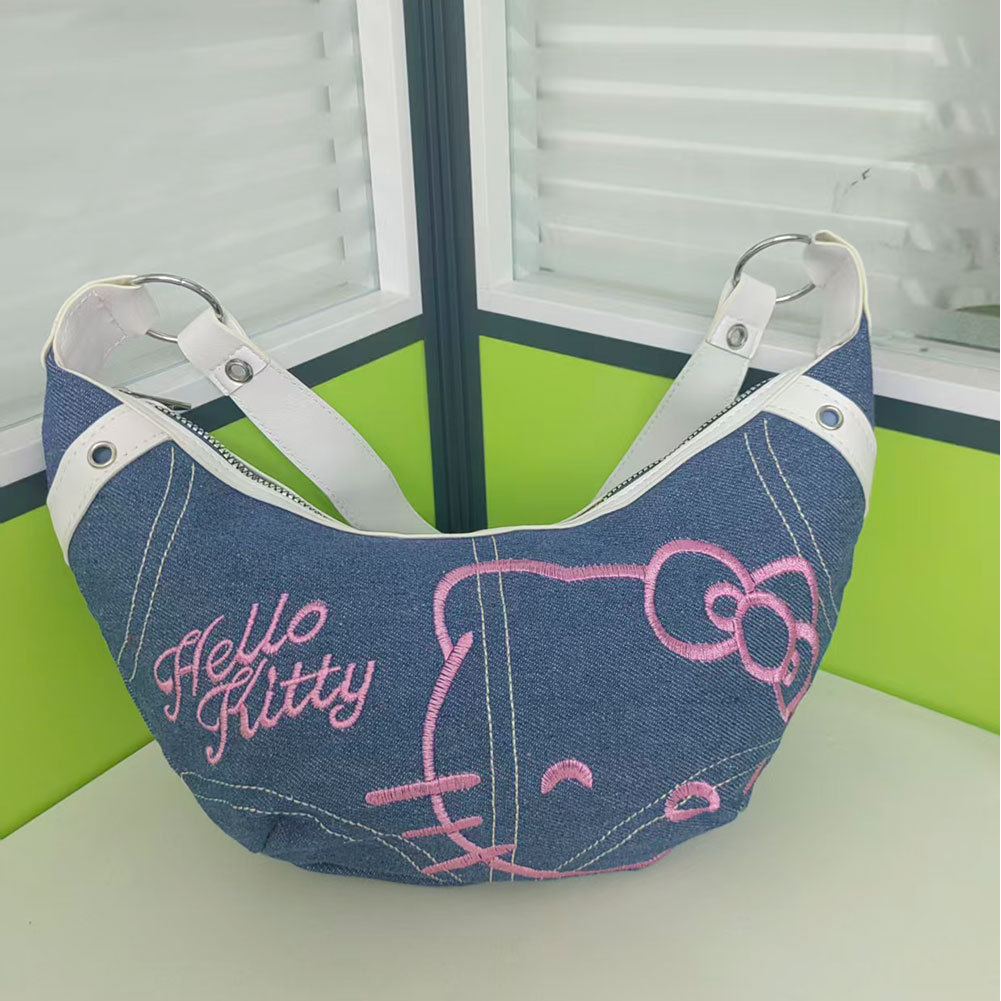 Sanrio Hello Kitty Denim Patchwork Underarm Bag Crossbody Bag Women's Cow Horn Bag Lady Denim Bag