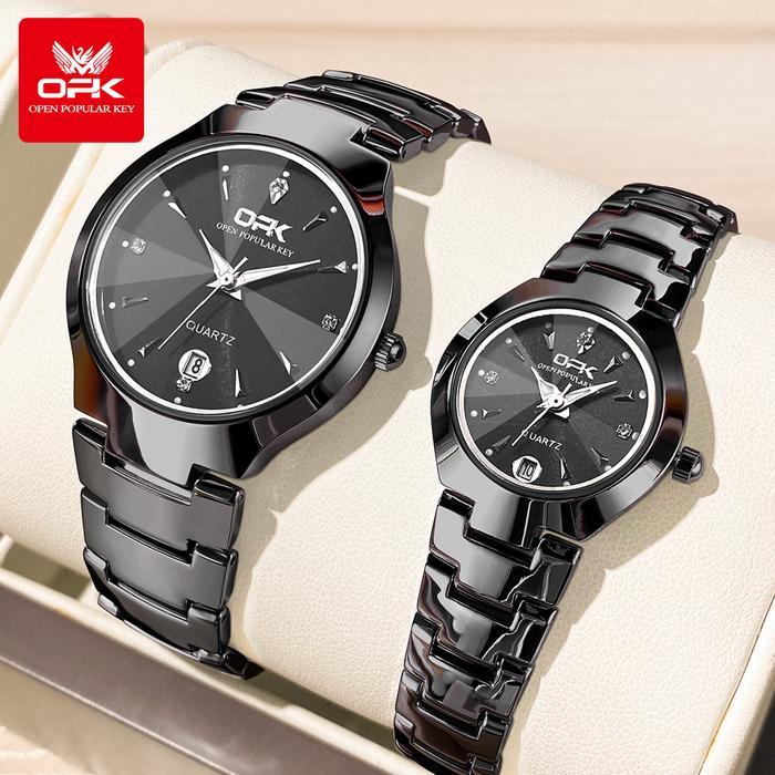 OPK Jam Tangan Couple Pasangan Tahan Air Hitam / Perak Stainless Steel Kalender Kasual Couple