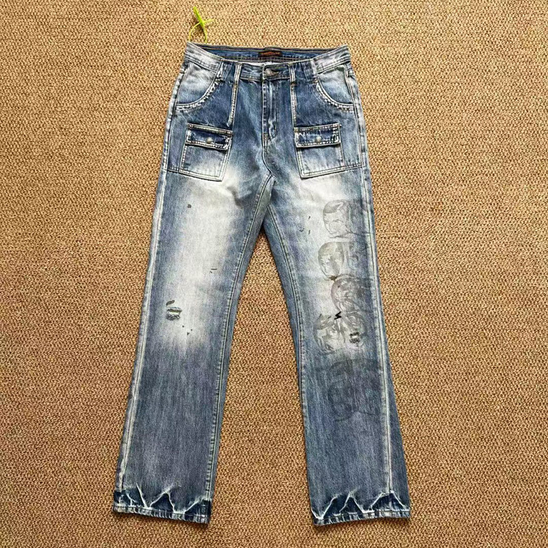 Undercover Multi Personality Face Portrait Print Jeans Men Women Unisex Washed Distressed Hole