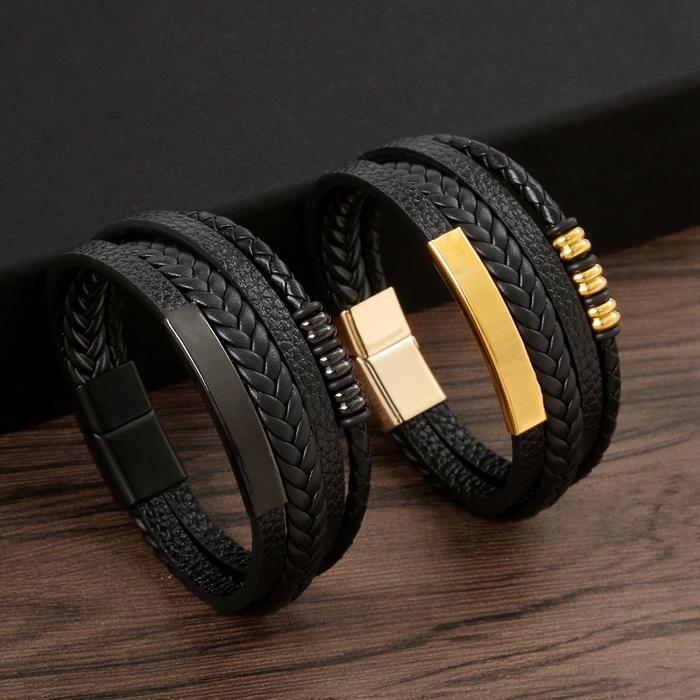 Gelang Kulit Asli Tenunan Tangan Klasik Pria Emas Hitam Kopi Bracelet Titanium Steel Aksesoris