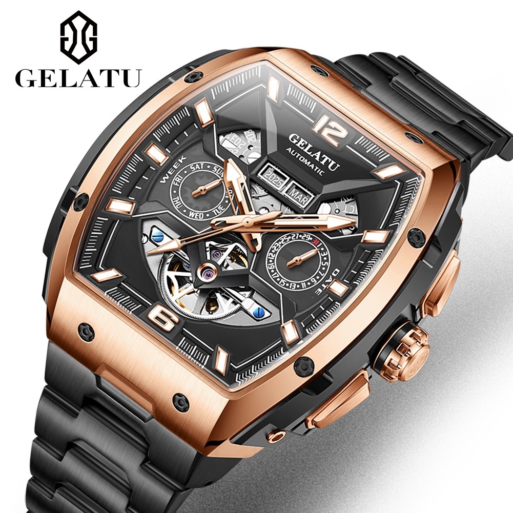 Reloj Hombre Watches Mens GELATU Top Brand Luxury Rose Black Skeleton Tourbillon Automatic