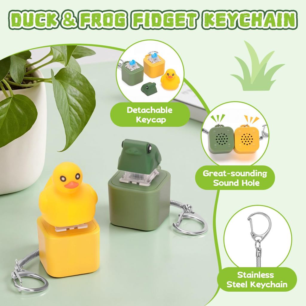 Small Yellow Duck and Frog Keychain, Duck Frog Clicker with LED Light, Adult Stress Relieving and