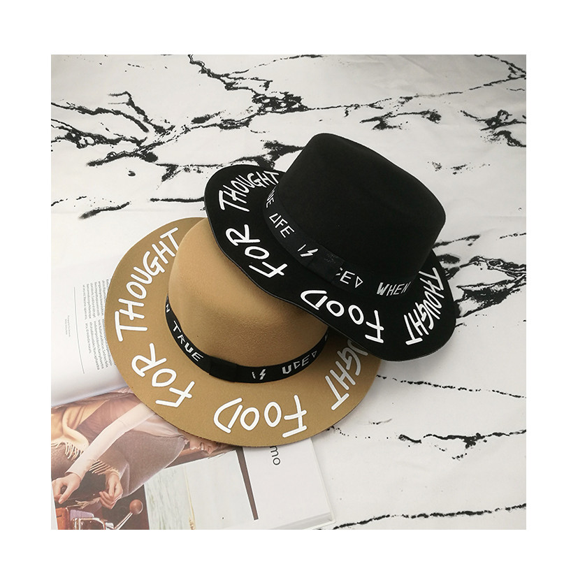 . Fedora Hat Flat Top Graffiti Letter Woolen Hat Korean Version Of The -