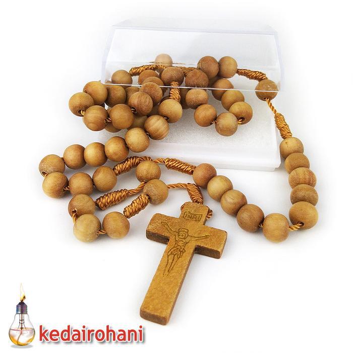 Promo Kalung Rosario Manik Beads Kayu Cendana Wangi Tali Ikat Salib Kayu Original