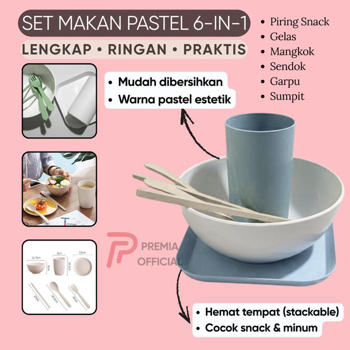 Premia Set 6 in 1 Piring Snack Gelas Mangkok Sendok Garpu Sumpit Warna Pastel Makanan Ringan dan