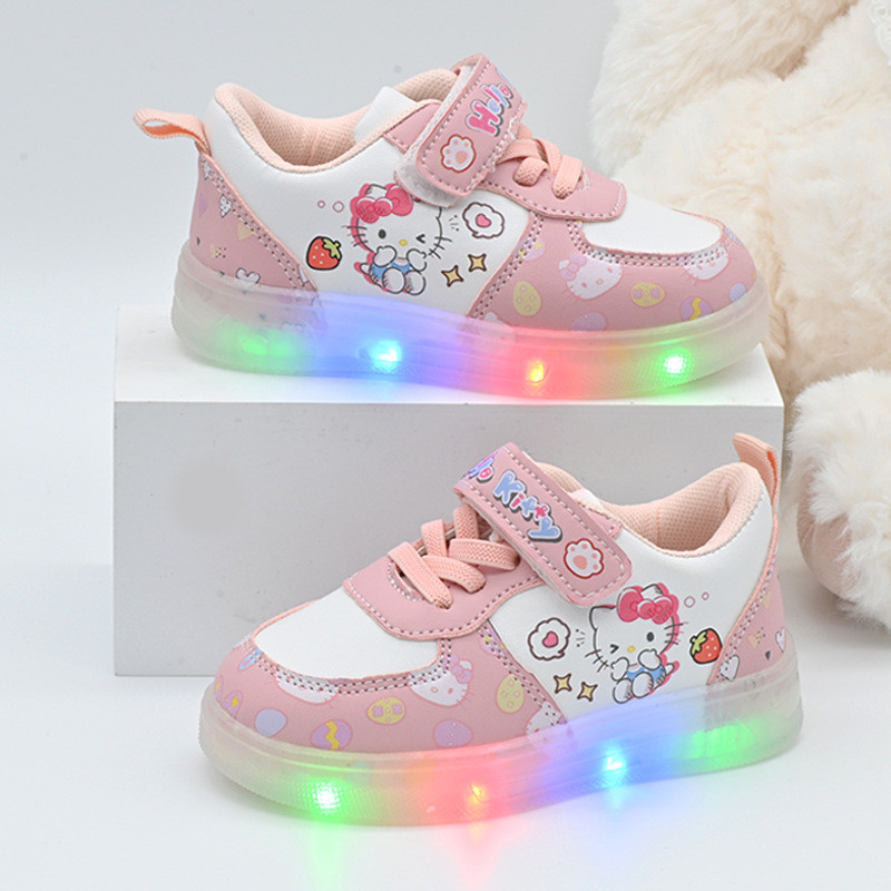 2026 LED Kids Shoes for Girls Cute Cartoon Hello Kitty Shoes Baby Girl Kawaii Canvas Shoes Soft