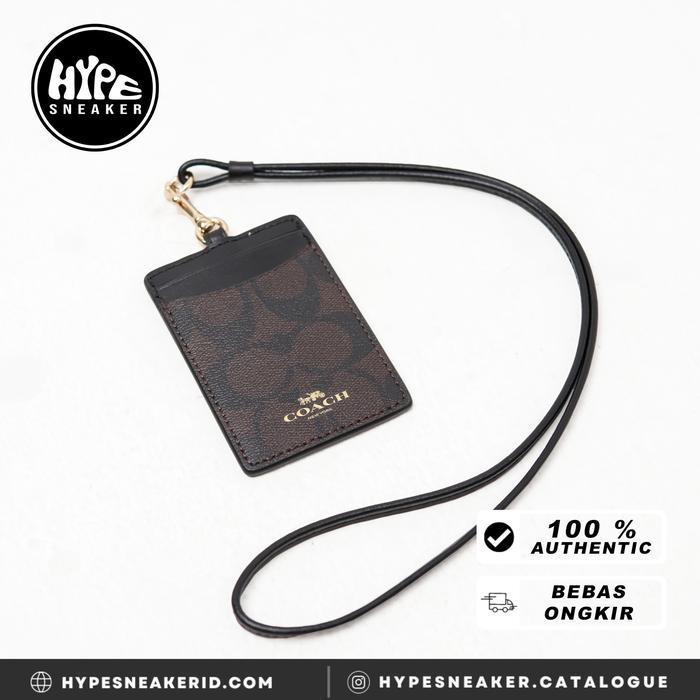` Dompet COACH MONOGRAM BLACK DARK BROWN LANYARD CARD HOLDER 100% ORIGINAL - 10X7CM