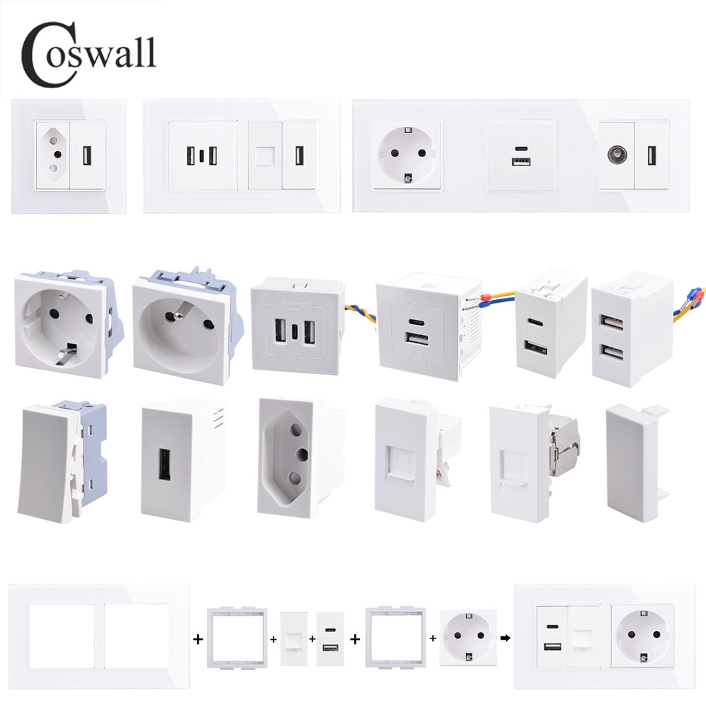 Coswall Glass Panel Wall EU French Brasil Socket + TV CAT6 Internet Jack, HDMI-compatible 2.0 & USB