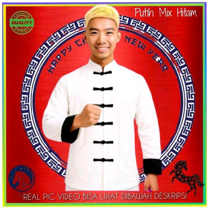 Baju Imlek Pria Kemeja Cheongsam Putih Mix Hitam