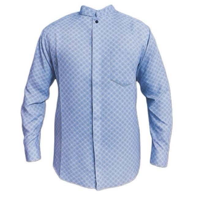 Baju Koko Muslim Kemeja Batik Pria Lengan Panjang Slim Fit Furing Ice Blue Biru Langit Hem Lebaran