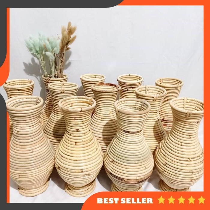 Best Seller Pot Vas Bunga Rotan Alami / Guci Rotan Dekorasi Rumah Ukuran 30Cm Original