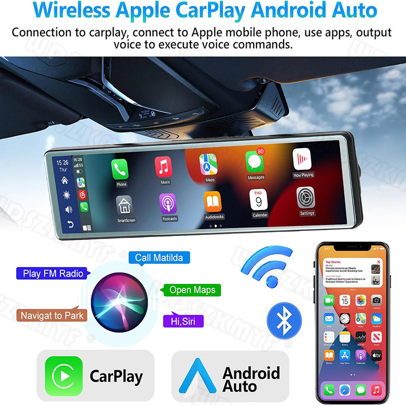 . 4K Rearview Mirror Car Dvr Carplay Android Auto 12Inch Front And Rear Camera Bluetooth Fm Dash Cam