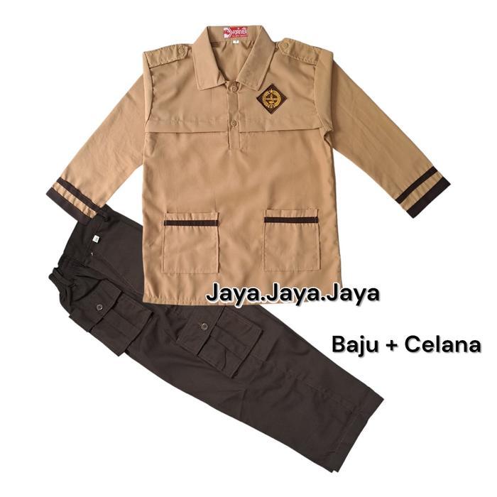 Setelan Seragam SD Pramuka Siaga Anak Laki Baju Lengan Panjang Celana Cokelat PDL