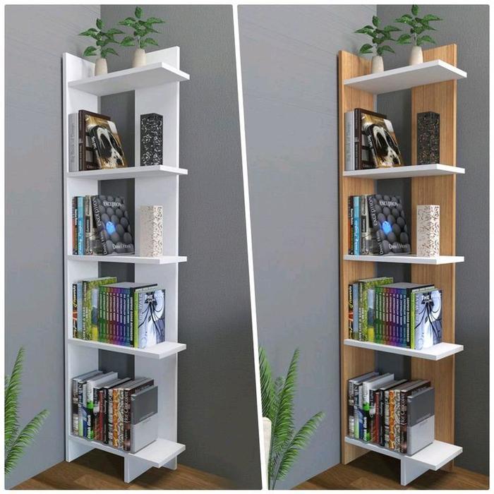Rak Lantai Sudut 5 Tingkat Cocok untuk Ruang Tamu Tinggi 122cm Bahan Kayu MDF Anti Jamur Desain