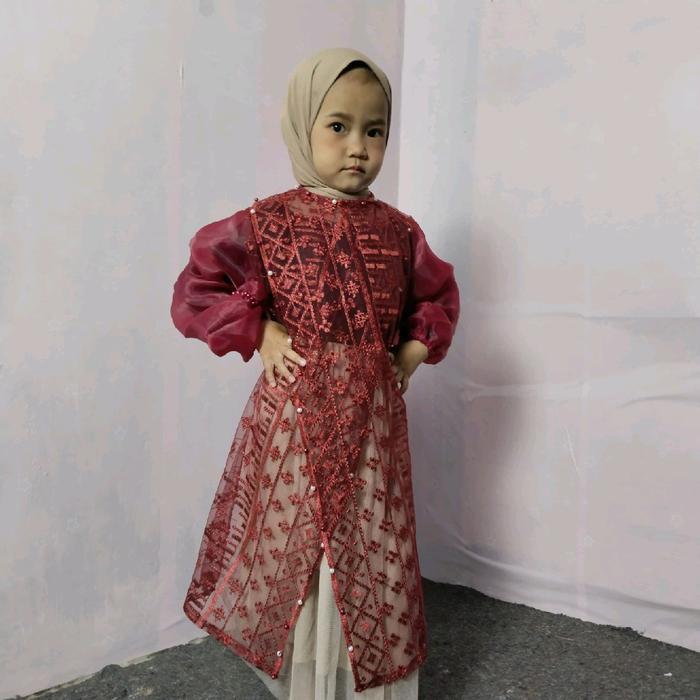 Tunik Couple Hananque Ibu Dan Anak Usia 1-13 Tahun Dengan Brokat Kondangan Full Payet Mix Organza