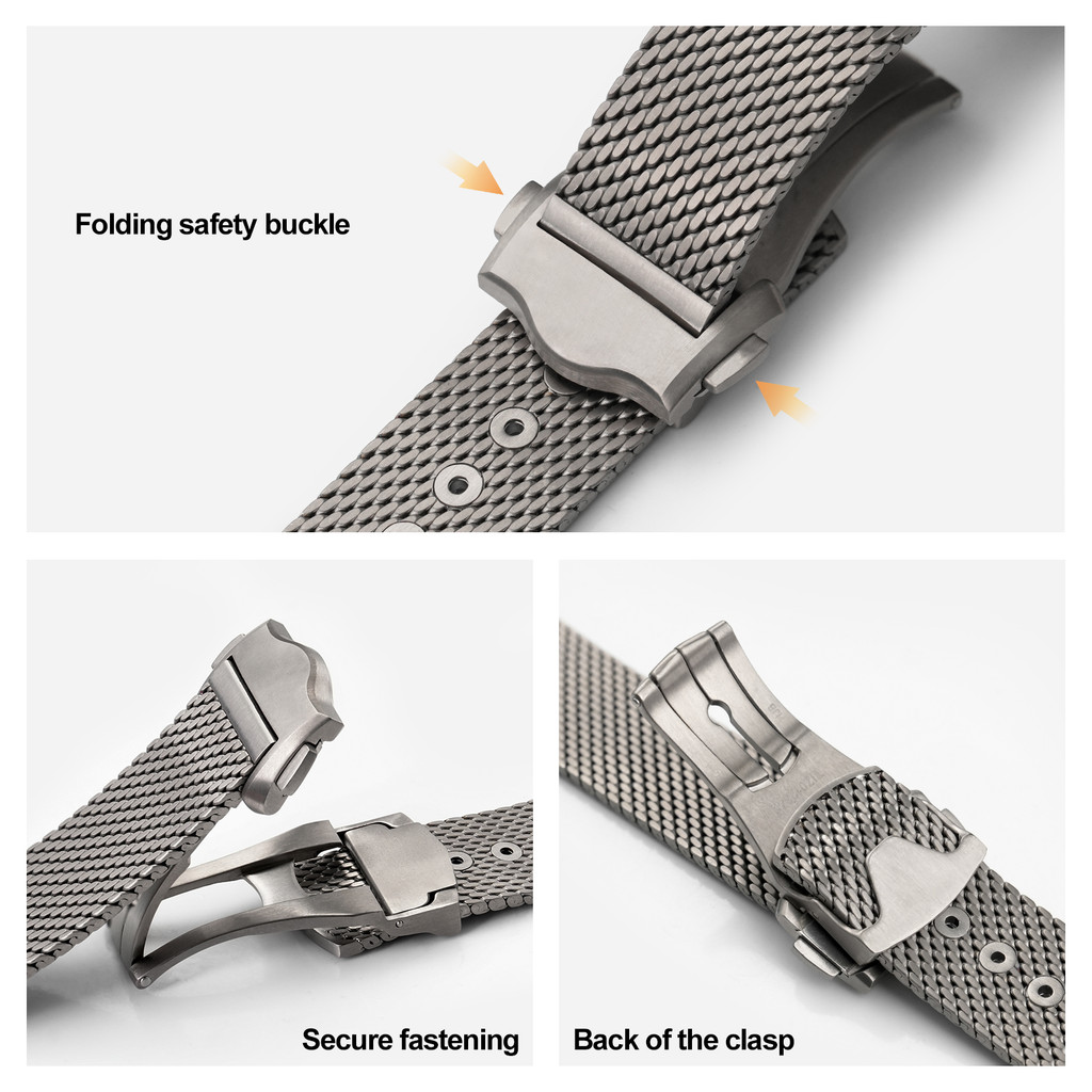 Watchdives Adjustable Mesh Watch Band Strap 20mm Grade 2 Full Titanium Clasp Universal Bracelet