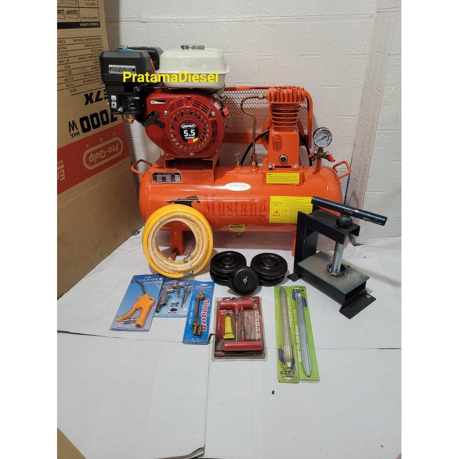 Kompresor Angin 1/4HP MUSTANG+Mesin Penggerak 160 Komplit Selang 10Met - paket tambalban